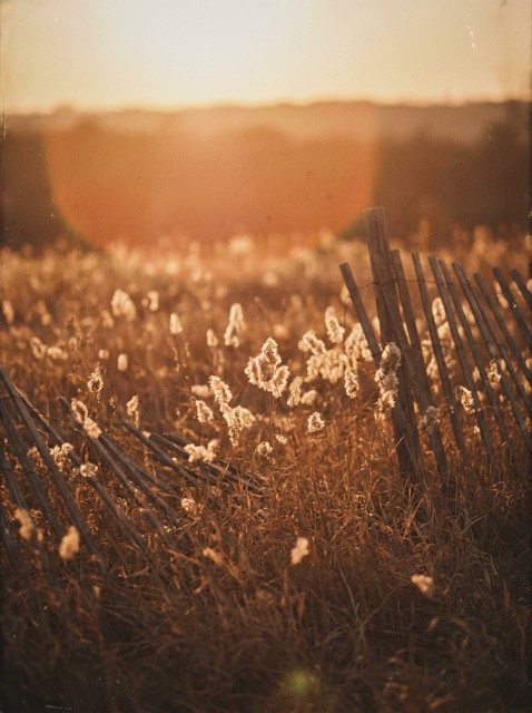 Backlit summer grass along a weathered fence at golden hour