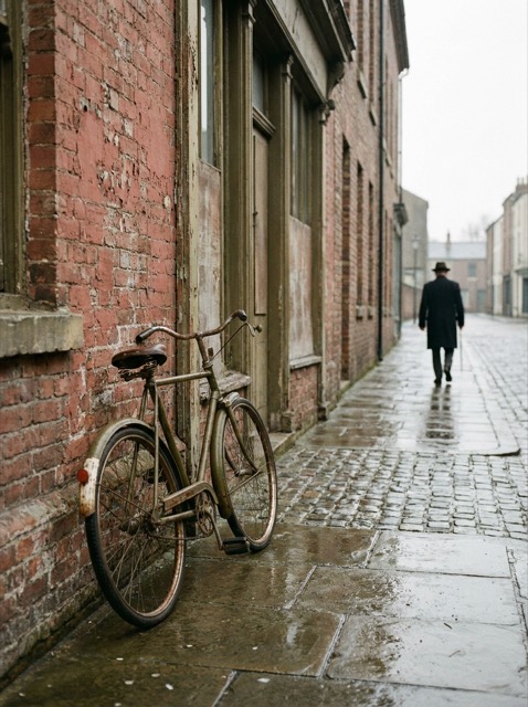 A bicycle against a weathered brick storefront on a wet cobbled street